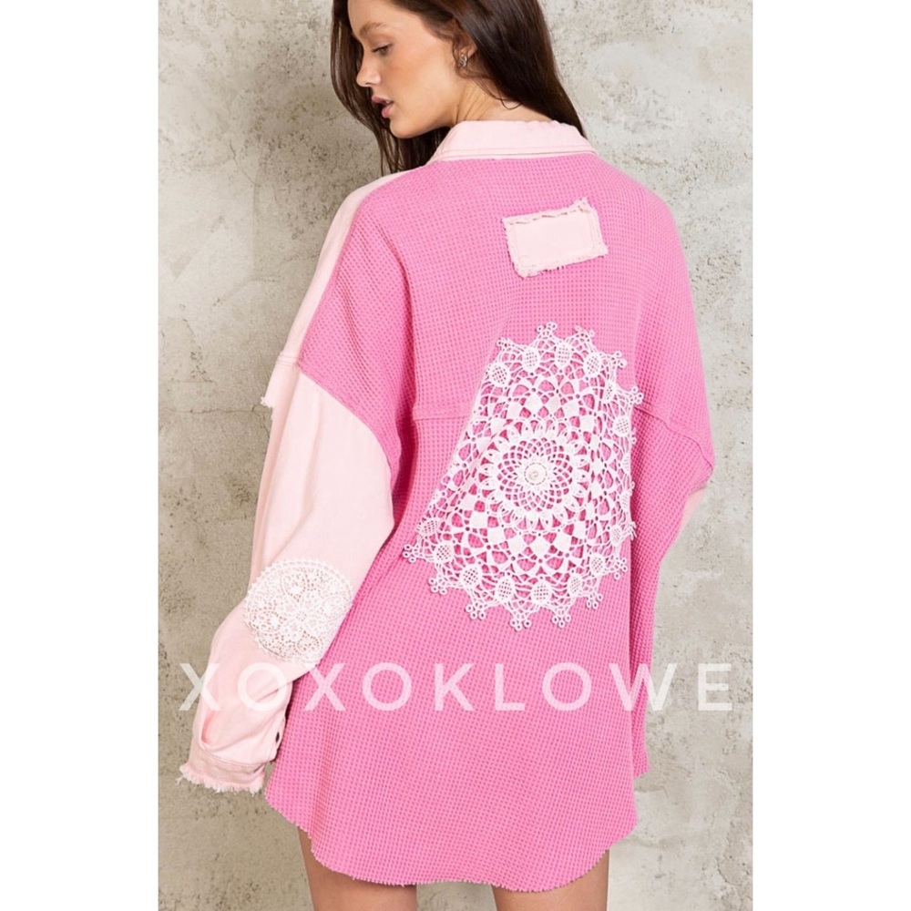 LAST ONE POL Pink Patchwork Button Down Crochet Lace Denim Oversized Fit - Picture 8 of 15